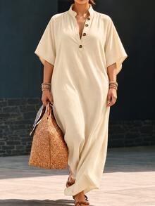 Linhara CURVE Plus Size Women's Apricot Casual Summer Country Style Elegant Vacation Button Half-Placket Batwing Sleeve Dress - Apricot - View 6