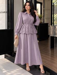 Solavon Plus Size Women's Hollow Embroidery Single-Breasted Shirt And Skirt Elegant Two Pieces Set - Purple - View 6
