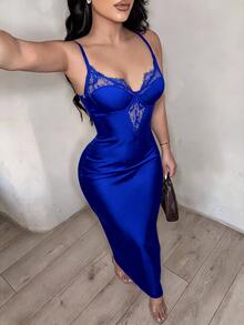 SHEIN SXY 純色蕾絲拼接修身性感夏季細肩帶優雅洋裝，適合派對、夜店、約會之夜、舞會、晚宴場合，皇家藍 - 寶藍色 - 查看 8