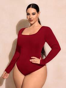 SHEIN SXY Plus Size Solid Scoop Neck Bodysuit - Red - View 6