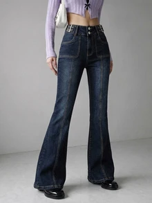 FRIFUL Women's Button Pocket Flared Jeans - Blue - View 4