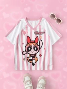 THE POWERPUFF GIRLS X SHEIN Tween Girl Striped Raglan Short Sleeve Casual T-Shirt THE POWERPUFF GIRLS - Pink - View 1