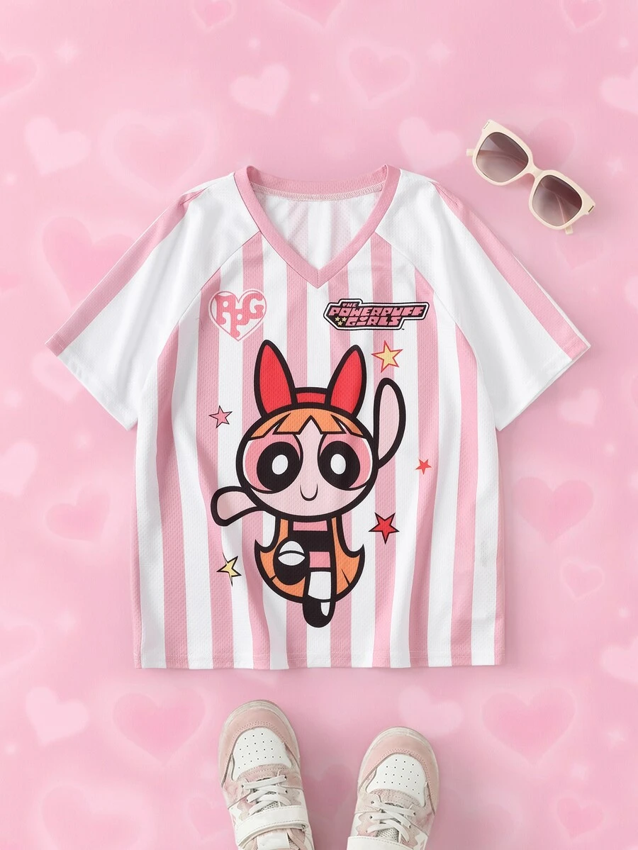 THE POWERPUFF GIRLS X SHEIN Tween Girl Striped Raglan Short Sleeve Casual T-Shirt THE POWERPUFF GIRLS - Pink - View 1