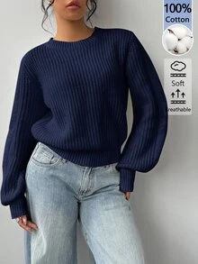 SHEIN BASICS 女款圓領長袖純色毛衣，純白色，適合早午餐、學校、居家、日常穿著，秋季休閒基礎款，畢業大學風 - 藏蓝色 - 查看 1