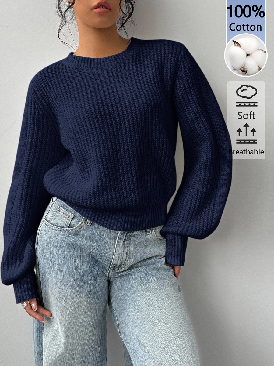 SHEIN BASICS 女款圓領長袖純色毛衣,純白色,適合早午餐、學校、居家、日常穿著,秋季休閒基礎款,畢業大學風 - 藏蓝色 - 查看 1