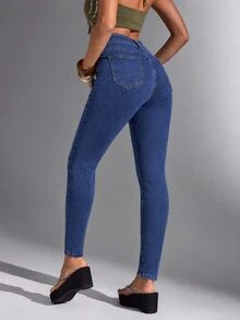 Flirla Women's Fashion Fitted Button Pocket Denim Jeans - Blue - View 2