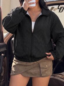 Muchica 格紋休閒優雅法式大尺碼女款夾克 開學季 辦公室 羅део 正式 白色 秋季 - 深灰色 - 查看 4