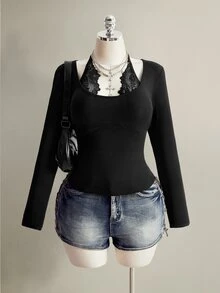 SHEIN ICON Women's Plus Size Lace Patchwork Casual Versatile Daily Wear T-Shirt - Black - View 4