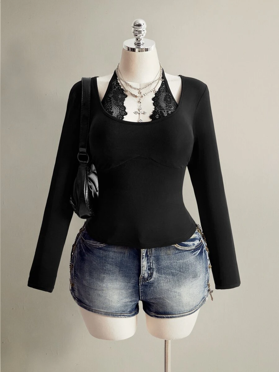 SHEIN ICON تي شيرت نسائي مقاس كبير بتصميم دانتيل مرقع كاجوال متعدد الاستخدامات للارتداء اليومي - الأسود - مشاهدة 1