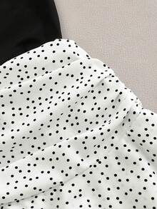 SHEIN Tween女孩秋季套裝上衣，韓系軟妹風大童兩件套：露肩長袖上衣+前開衩... - 黑與白 - 查看 3