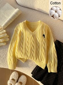 SHEIN Baby Girl V-Neck Knit Pullover Sweater With Twisted Rope Design And Embroidered Pattern, Cute Delicate Stylish Casual Daily Wear Suitable For Outings And School - Yellow - View 5