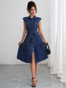 Elenzga Women's Loose Elegant Casual Commute Denim Dress - Dark Wash - View 3