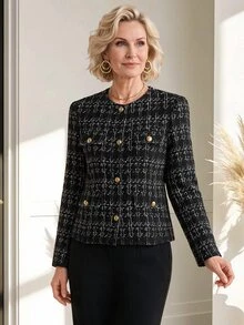 Miaspire Elegant Plaid With Gold Buttons, Women's Printed Jacket, Black And White Plaid, Suitable For Business, Work, And Parties, Perfect For Winter And Autum - Multicolor - View 5