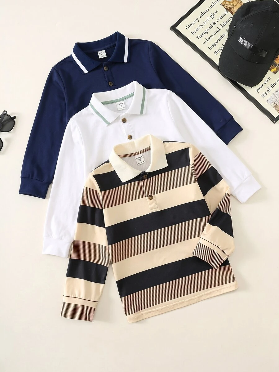 SHEIN Kids Young Boy Autumn Casual 3pcs Pieces Set Long Sleeve Polo Shirt - Multicolor - View 1