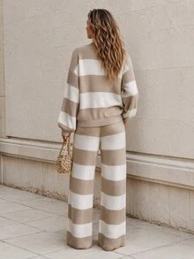 Faunlyn Women's Casual Striped Crew Neck Long Sleeve Sweater And Knit Pants Lounge Set - Multicolor - View 2