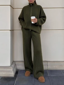 Lavishia Women's Collared Autumn/Winter Long Sleeve Zipper Front Knit Cardigan And Knit Pants 2 Pieces Set,Two Pieces Autumn Sweater Set - Army Green - View 3