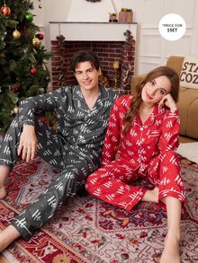 CoupledUp Christmas Personalized Ho Letter All-Over Print Men's Pajamas, Dark Gray Lapel Button Long Sleeve Long Pants 2 Pieces Set - Grey - View 1