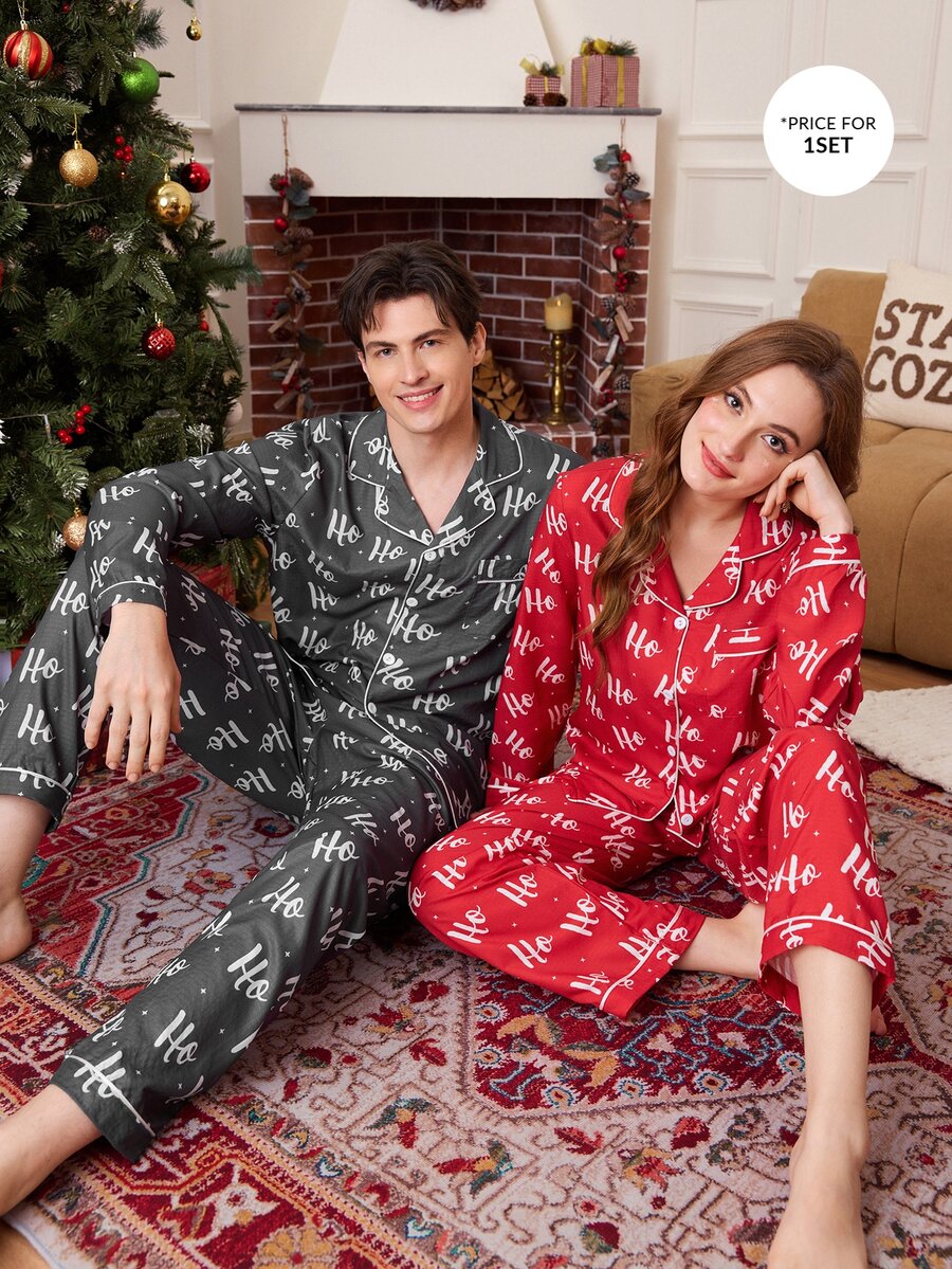 CoupledUp Christmas Personalized Ho Letter All-Over Print Men's Pajamas, Dark Gray Lapel Button Long Sleeve Long Pants 2 Pieces Set - Grey - View 1