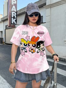 THE POWERPUFF GIRLS X SHEIN Plus Size Women's Letter & Cartoon Print Round Neck Short Sleeve Casual T-Shirt - White - View 5