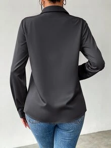 Structelle 純色鈕扣前襟長袖襯衫，女款秋季長袖上衣 - 深灰色 - 查看 2