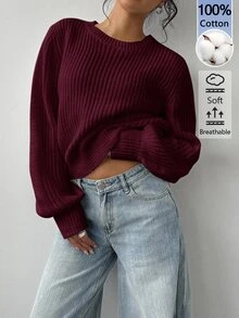 SHEIN BASICS 女款圓領長袖純色毛衣，純白色，適合早午餐、學校、居家、日常穿著，秋季休閒基礎款，適合畢業季與大學生活 - Purple Wisdom - 查看 5