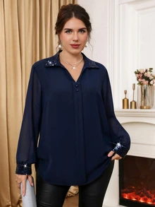 Miaspire Plus Size Women Solid Color Navy Blue Patchwork Sequin Cuff Elegant Blouse Fall Party Office Dinner,Autumn/Winter - Navy Blue - View 2