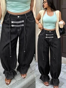 Rivivi Plus Size Women Non-Stretch Denim Cuffed Deep Blue Striped Lantern Pants Cowboy Outfits For Women - Black - View 8