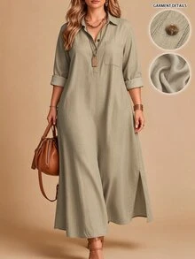 Linhara CURVE Women's Plus Size Casual Commute Blue Solid Color Lapel Long Sleeve Chest Pocket Hem Slit Design Long Dress Suitable For Spring And Autumn - Apricot - View 5