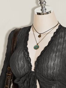 SHEIN ICON 不對稱下擺喇叭袖復古性感植絨網紗透視前開襟女款上衣 夜出穿搭 棕色系 夏季 - 深灰色 - 查看 5