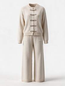 Omancia Elegant Ru Yi Button Long Sleeve Design Women's Sweater 2 Pieces Set - Apricot - View 5