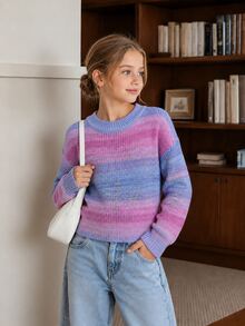 SHEIN Girls' Autumn/Winter Gradient Rainbow Macaron Color Textured Knit Sweater, Fashionable Minimalist Thick Long Sleeve Top - Multicolor - View 1