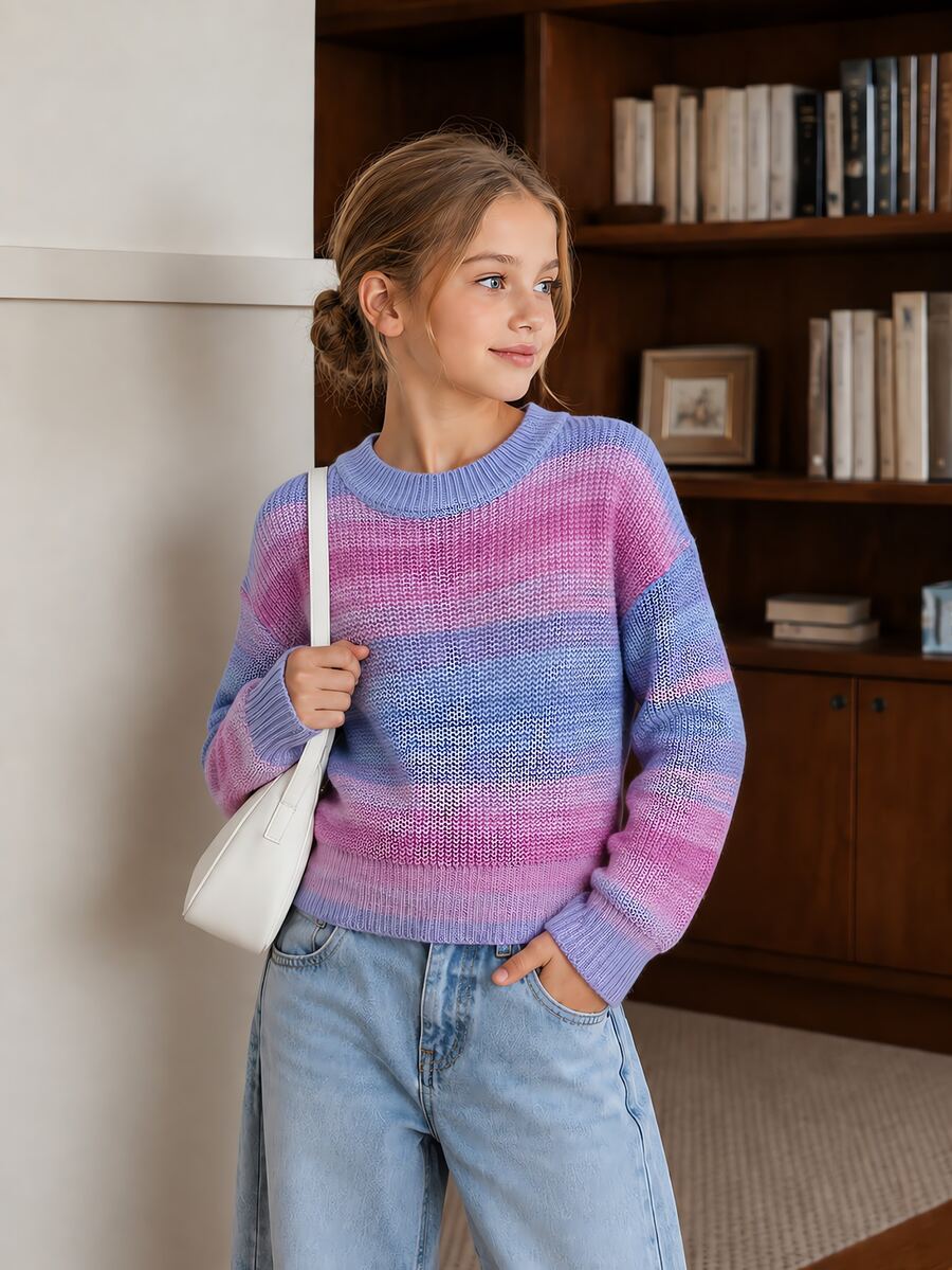 SHEIN Girls' Autumn/Winter Gradient Rainbow Macaron Color Textured Knit Sweater, Fashionable Minimalist Thick Long Sleeve Top - Multicolor - View 1