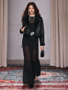 Anewsta Autumn/Winter Black Asymmetric Front Leather & Fur Short Jacket - Black - View 3
