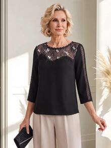 Miaspire Elegant Mature, Sequin Butterfly Lace, Blouses For Women, Chiffon Polyester, Black Silver, Slim Fit 3/4 Sleeve, Party Evening, Christmas, Winter - Black - View 5