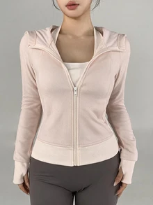 DAZY Spring/Autumn Korean Style Pink Hooded Slim Fit Cut-Out Waist V-Neck Fitness Running Casual Street Sweet Women's Sports Jacket - Pink - View 4
