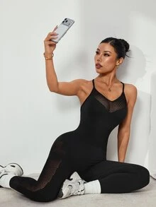 SHEIN Dewbera 1pc Regular One-Piece Jumpsuit/Mesh+Hollow+Cross Strap Design/Basic Style/Black/Sports Jumpsuit+Fitness/Yoga - Black - View 1
