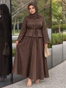 Solavon Plus Size Button Long Sleeve Shirt And Midi Skirt 2 Pieces Set - Coffee Brown - View 1
