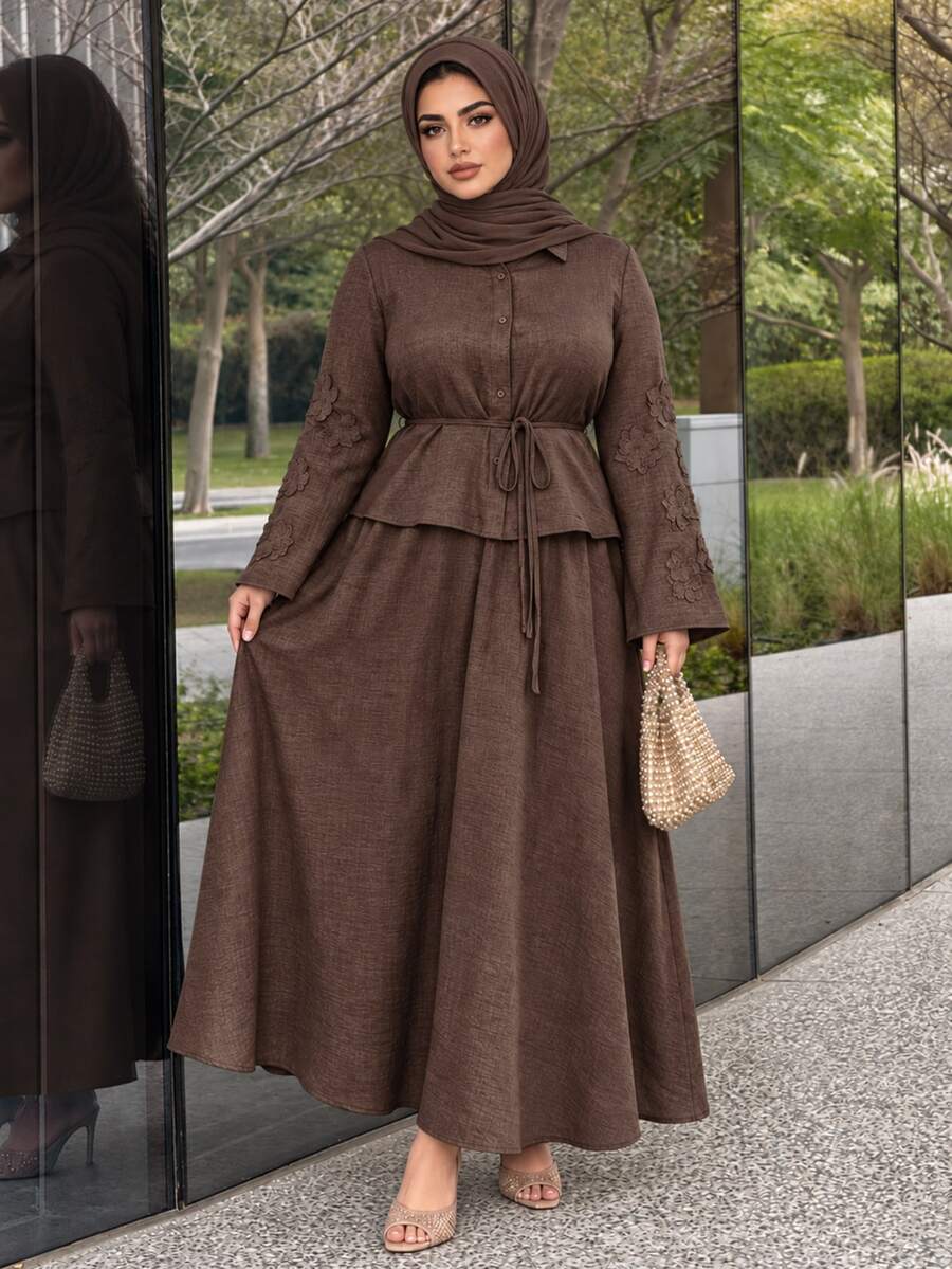 Solavon Plus Size Button Long Sleeve Shirt And Midi Skirt 2 Pieces Set - Coffee Brown - View 1