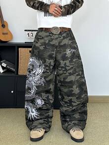 STEELVANCE Streetwear Retro Fashion Serbaguna dengan Desain Bordir, Celana Jeans Denim Kasual Longgar Lurus Lebar (Sabuk dan Aksesoris Tidak Termasuk) - Hijau Tentara - View 1