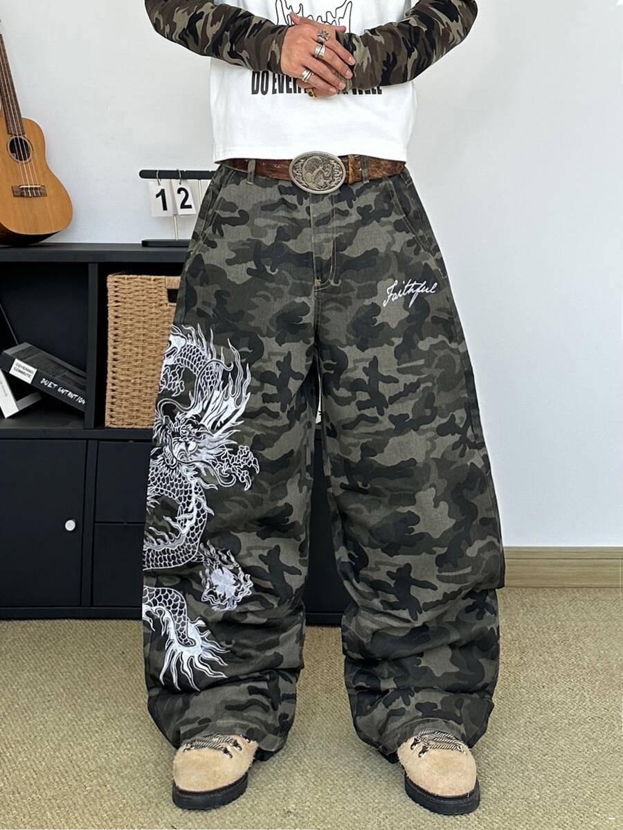 STEELVANCE Streetwear Retro Fashion Serbaguna dengan Desain Bordir, Celana Jeans Denim Kasual Longgar Lurus Lebar (Sabuk dan Aksesoris Tidak Termasuk) - Hijau Tentara - View 1