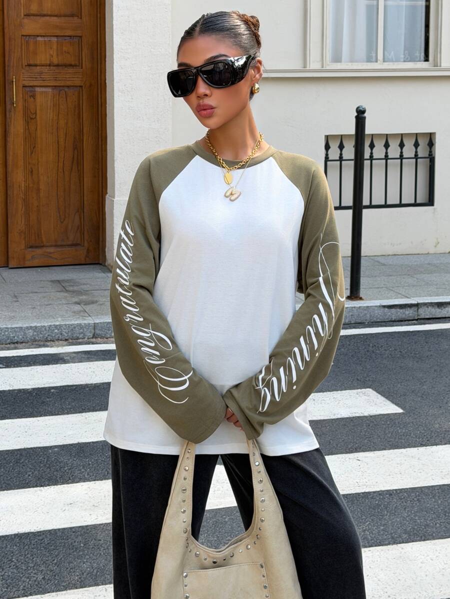 Muchica Women's Letter Pattern Colorblock Casual Daily Long Sleeve T-Shirt - Multicolor - View 1