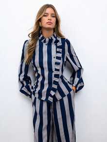 Nöista Women's Button Ruffle Trim Blouse And Striped Colorblock Jogger Pants Set - Navy Blue - View 2