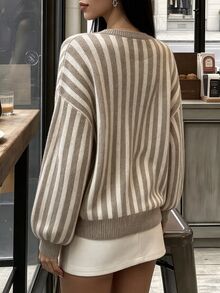 Cévolie Brown Striped Long Sleeve V-Neck Pullover Sweater Autumn - Coffee Brown - View 2