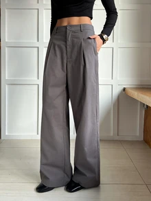 SHEIN EZwear بنطال عمل نسائي بسيط بأزرار وكسرات للتنقل والمكتب - رمادي - مشاهدة 5