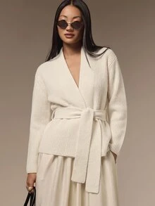 COSMINA 女款休閒優雅極簡長袖前綁帶針織衫，百搭秋季辦公室黑色秋裝冬季女裝 - 杏色 - 查看 1