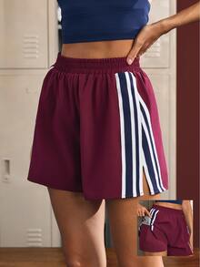 CourtClass CourtClass Women's Striped Colorblock Pocket Sports Shorts - Burgundy - View 1