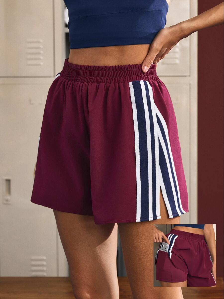 CourtClass CourtClass Women's Striped Colorblock Pocket Sports Shorts - Burgundy - View 1