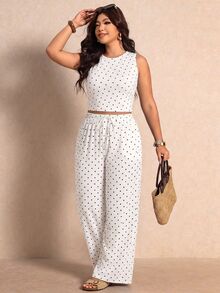 Elaquor Casual Minimalist Polka Dot Pattern Elastic Fabric Plus Size White 2 Pieces Set Suitable For Spring, Summer, Autumn - Multicolor - View 5