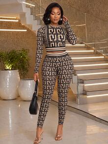 SHEIN Lady Women's Geometric Print Long Sleeve Top And Leggings 2 Pieces Set - Khaki - View 1