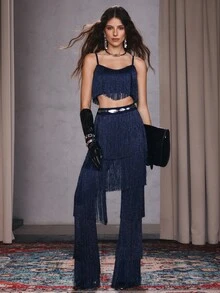 Anewsta Women's New Elegant Tassel Camisole Top And Bandage Pants Set, 2-Piece Outfit, Christmas Set - Navy Blue - View 6